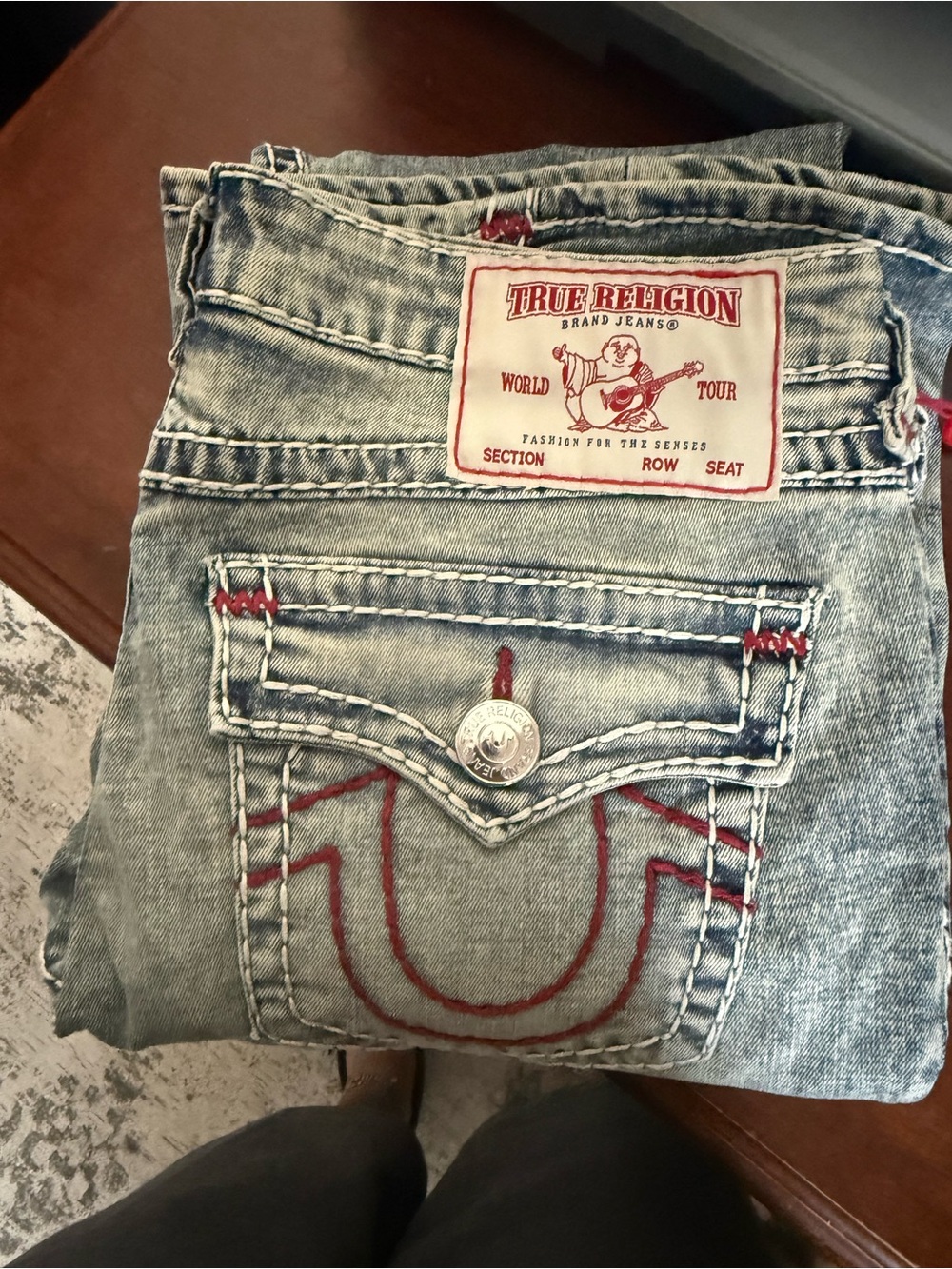 True Religion Light Blue Denim Jeans with Red Stitching